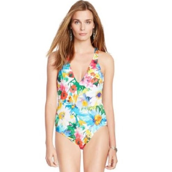 NWT Lauren Ralph Lauren one piece flower‎ floral vneck - Picture 1 of 9